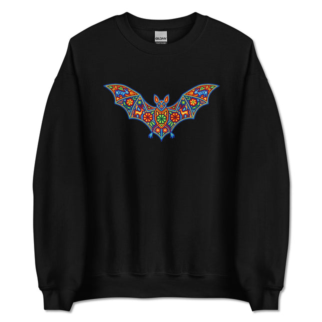 Vibrant Huichol bat art pullover sweatshirt featuring colorful Mexican folk animal designs.