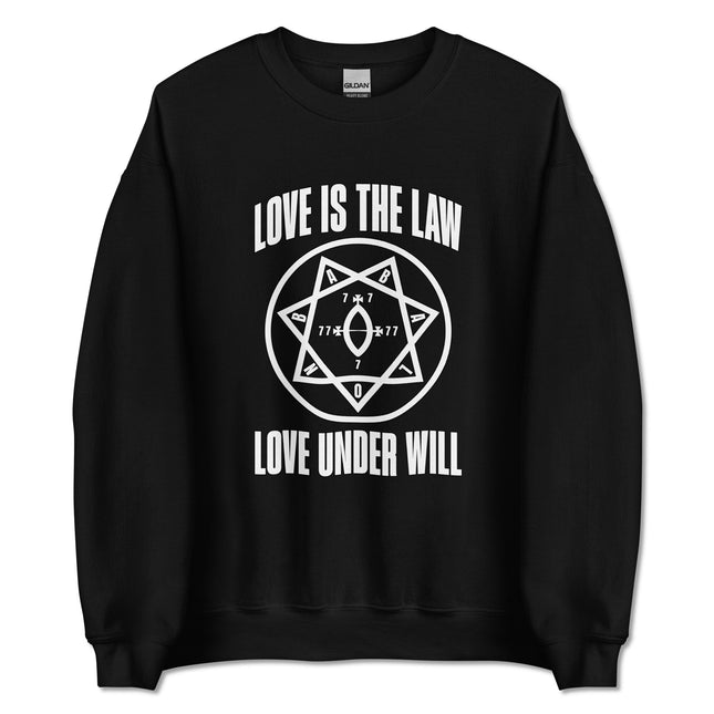 Love Is The Law Thelema graphic sweatshirt featuring Star of Babalon celestial design.