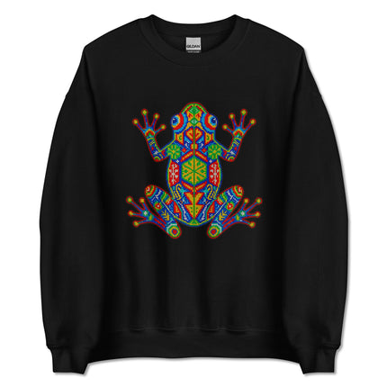 Vibrant Huichol frog art sweatshirt featuring Mexican indigenous geometric patterns pullover.