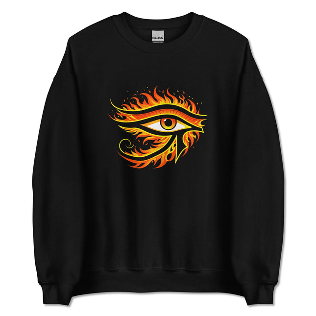 Eye of Ra symbol printed on a sweatshirt, featuring ancient Egyptian god motifs and fire design.