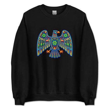 Colorful Huichol eagle tribal art sweatshirt with vibrant Mexican folk designs.