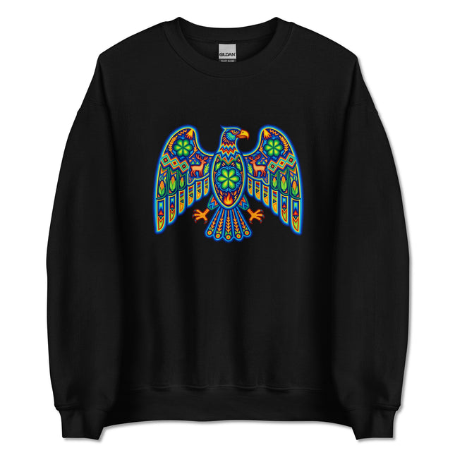 Colorful Huichol eagle tribal art sweatshirt with vibrant Mexican folk designs.