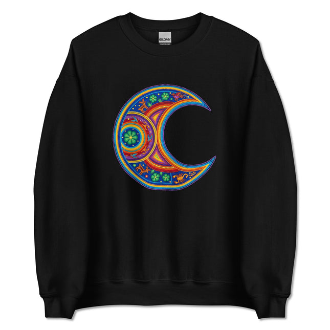 Vibrant Huichol art moon crescent design on a comfortable pullover sweatshirt.