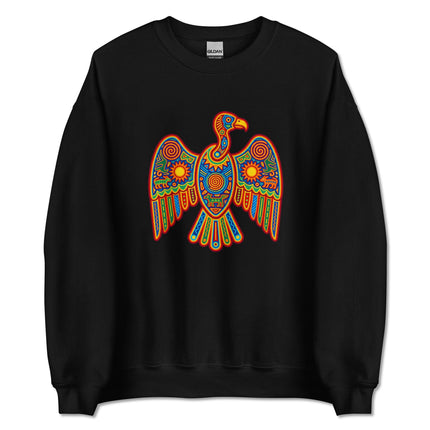 Vibrant Huichol vulture art design on a colorful Mexican indigenous folk art sweatshirt.