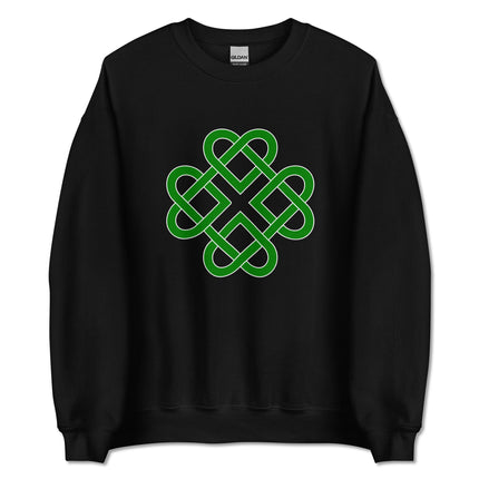Green pullover featuring celtic knot heart and clover graphic print.