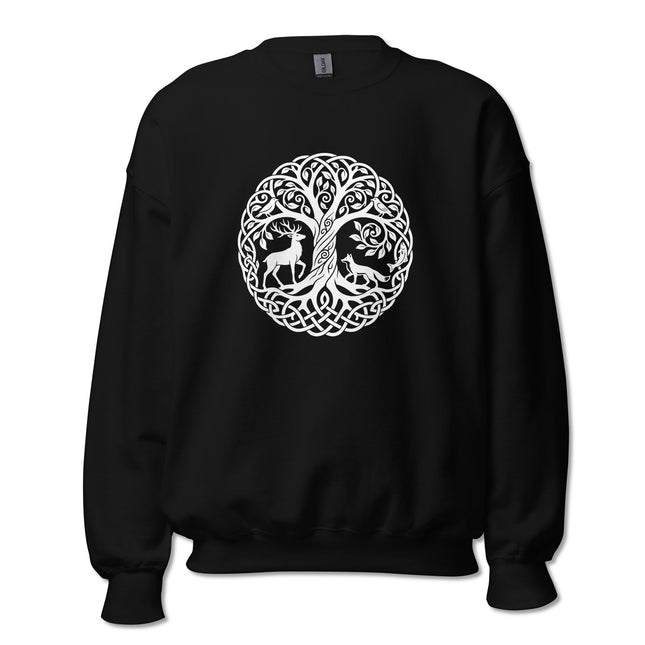 Celtic Tree of Life sweatshirt featuring deer and fox knotwork in a nature forest pattern.