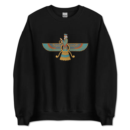Zoroastrian Faravahar winged symbol graphic print on a comfortable pullover sweatshirt.