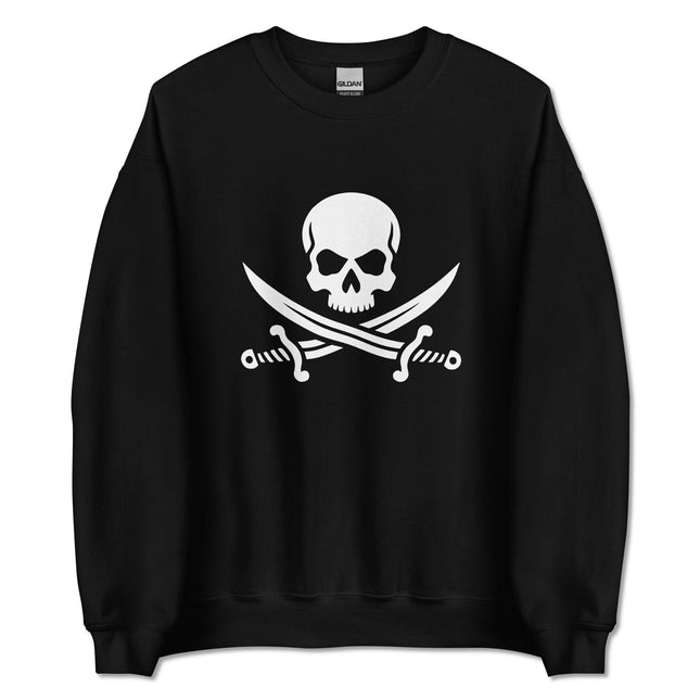 Jolly Roger pirate skull and crossed sabers graphic on a classic crewneck sweatshirt.