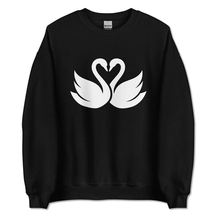 Swans forming a heart pattern on a romantic couple's pullover sweatshirt.