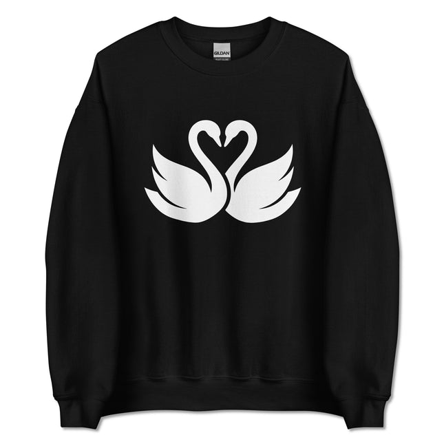 Swans forming a heart pattern on a romantic couple's pullover sweatshirt.
