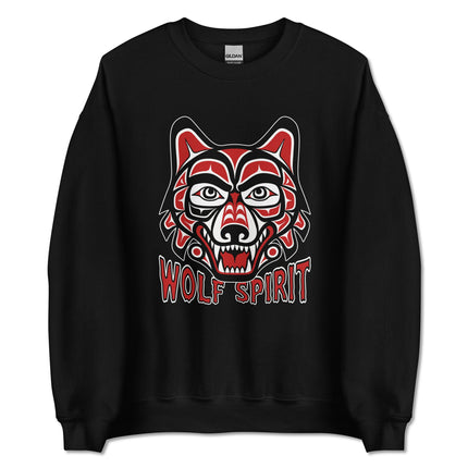Tribal wolf spirit art graphic printed on a cozy pullover sweatshirt.