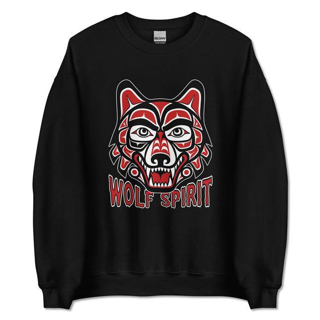 Tribal wolf spirit art graphic printed on a cozy pullover sweatshirt.