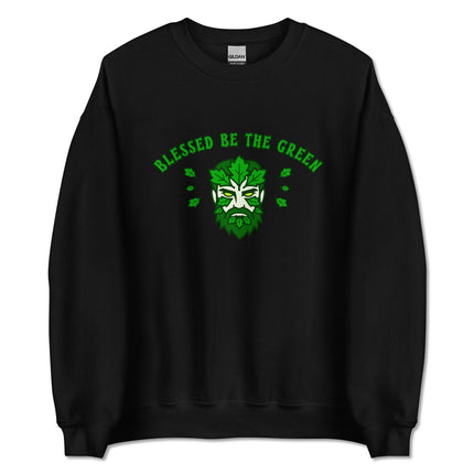 Green Man pagan nature god graphic on a forest green pullover sweatshirt featuring foliage and natural motifs.