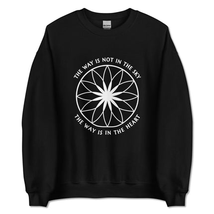 Spiritual mandala floral graphic sweatshirt with 'The Way Is In The Heart' text design.