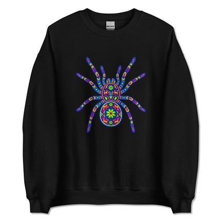 Huichol tarantula spider folk art graphic on colorful pullover sweatshirt.