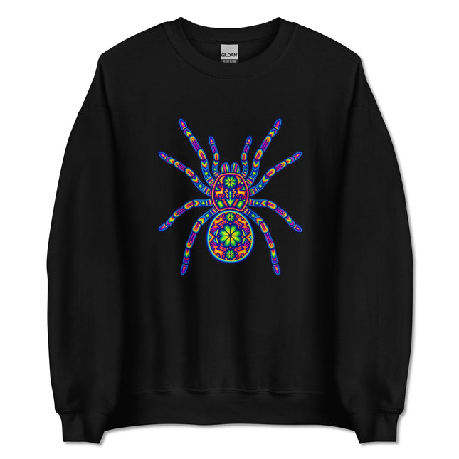 Huichol tarantula spider folk art graphic on colorful pullover sweatshirt.