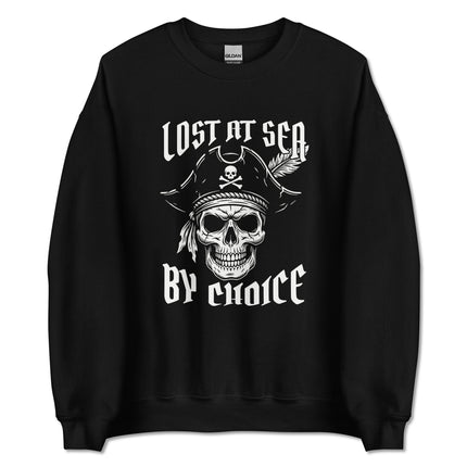 Pirate skull nautical sweatshirt featuring "Lost At Sea By Choice" graphic print.