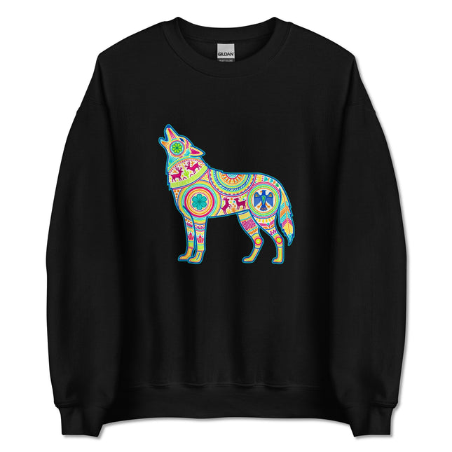 Colorful Huichol art howling wolf sweatshirt with vibrant Mexican folk patterns.