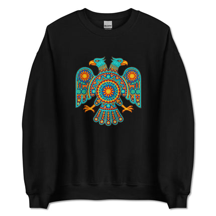Vibrant two-headed eagle Huichol art print on a Mexican indigenous pullover sweatshirt.