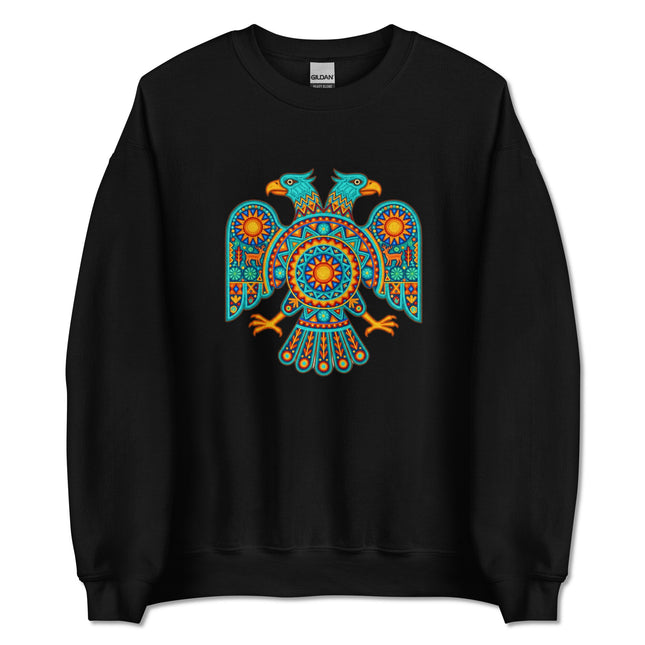 Vibrant two-headed eagle Huichol art print on a Mexican indigenous pullover sweatshirt.
