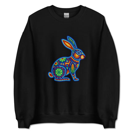 Colorful Huichol beaded rabbit design sweatshirt featuring vibrant Mexican folk art patterns.