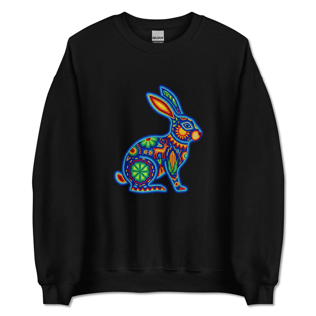 Colorful Huichol beaded rabbit design sweatshirt featuring vibrant Mexican folk art patterns.