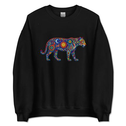 Colorful Huichol Jaguar tribal artwork printed on an indigenous pullover sweatshirt.