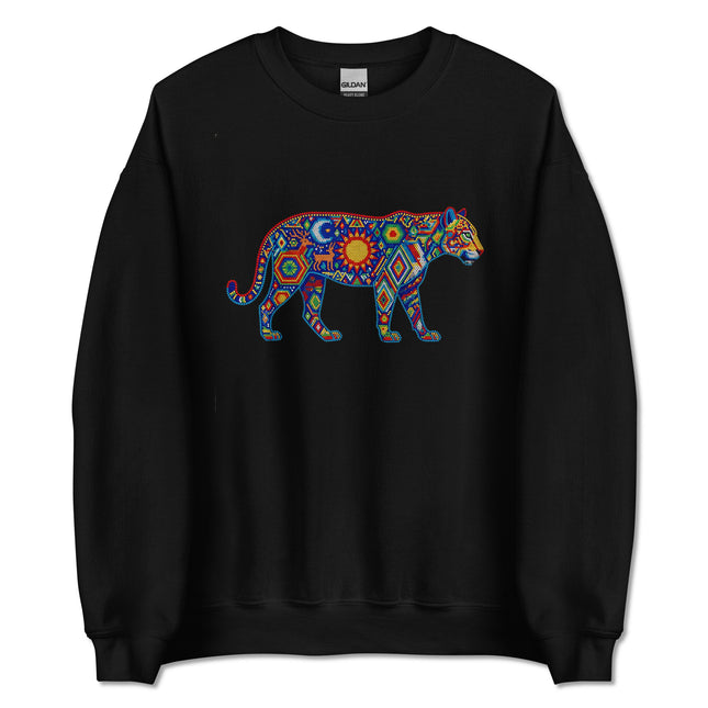 Colorful Huichol Jaguar tribal artwork printed on an indigenous pullover sweatshirt.