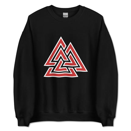 Red Valknut Norse symbol graphic on a unisex Viking sweatshirt pullover.