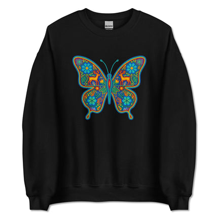 Vibrant Huichol butterfly folk art sweatshirt with colorful Mexican style pullover design.