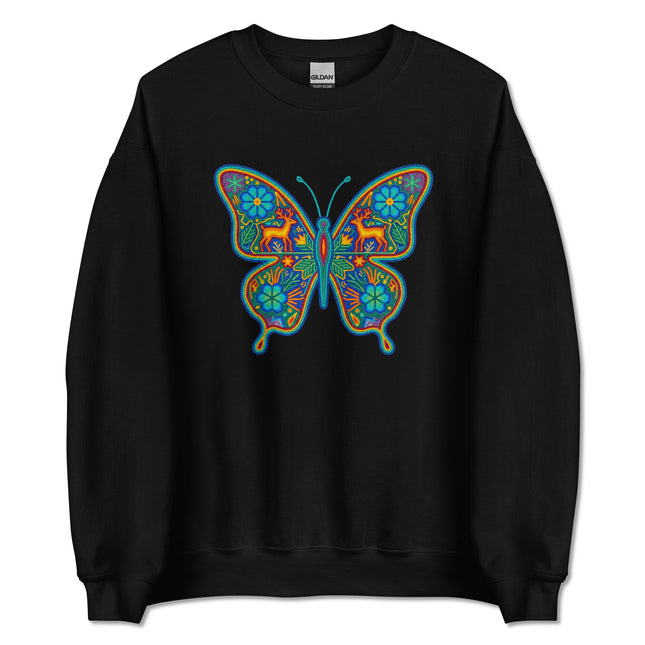 Vibrant Huichol butterfly folk art sweatshirt with colorful Mexican style pullover design.