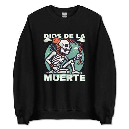 Dios de la Muerte skeleton graphic sweatshirt featuring the Mayan God of Death art print.
