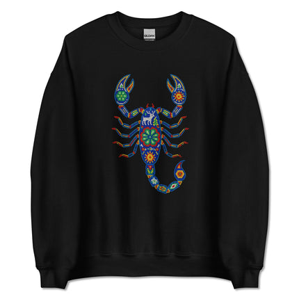 Colorful Huichol beaded sweatshirt featuring a vibrant Mexican scorpion design pullover.