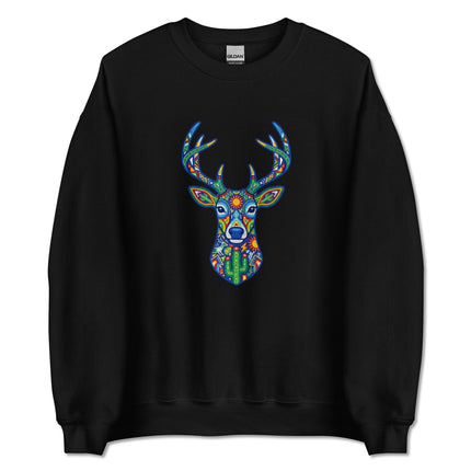 Vibrant Huichol deer symbol geometric art sweatshirt featuring colorful Mexican folk patterns.