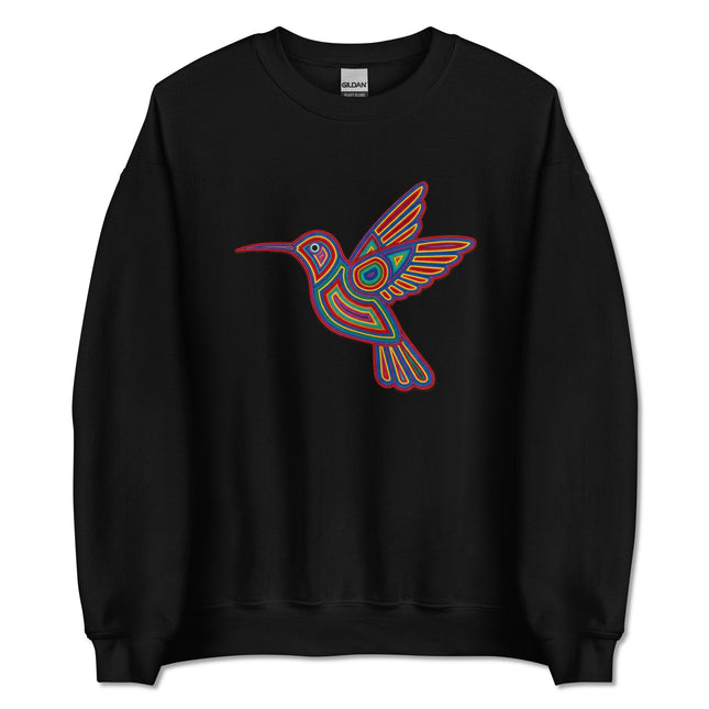Vibrant geometric hummingbird and Huichol indigenous art design on a comfortable sweatshirt.