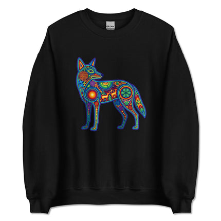 Huichol coyote symbol sweatshirt with vibrant Mexican folk art print.