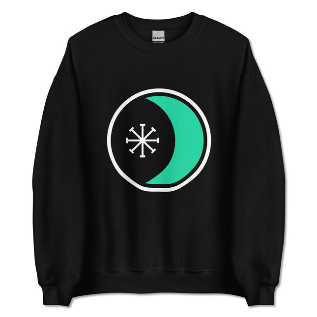 Crescent moon, seax blade, and wheel pagan witch sweatshirt pullover design.