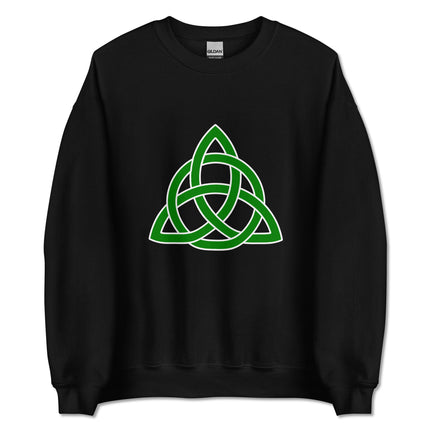 Green sweatshirt featuring a detailed Celtic Triquetra knot design for an Irish trinity look.