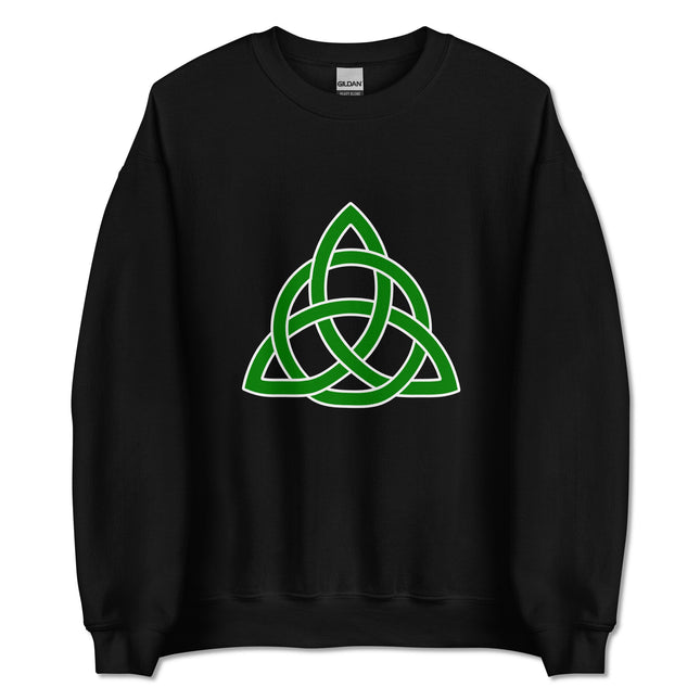 Green sweatshirt featuring a detailed Celtic Triquetra knot design for an Irish trinity look.