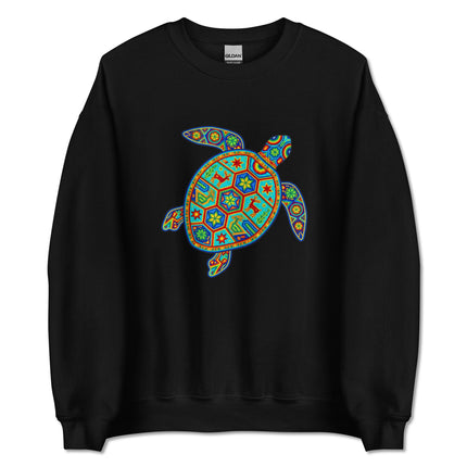 Colorful geometric Huichol turtle art sweatshirt with traditional Mexican folk patterns.