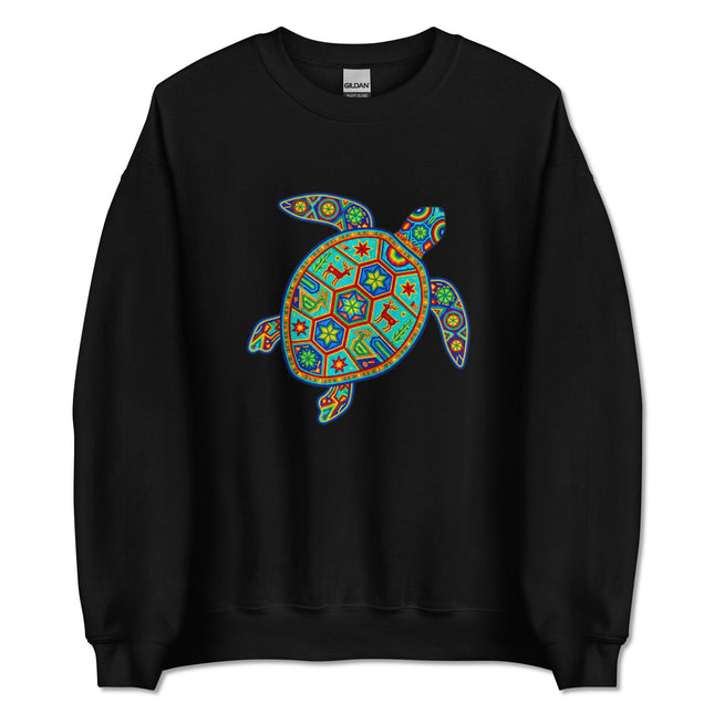 Colorful geometric Huichol turtle art sweatshirt with traditional Mexican folk patterns.