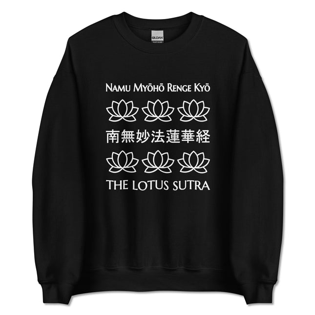 Buddhist lotus flower sweatshirt featuring Namu Myoho Renge Kyo sutra script and sacred Buddhist designs.