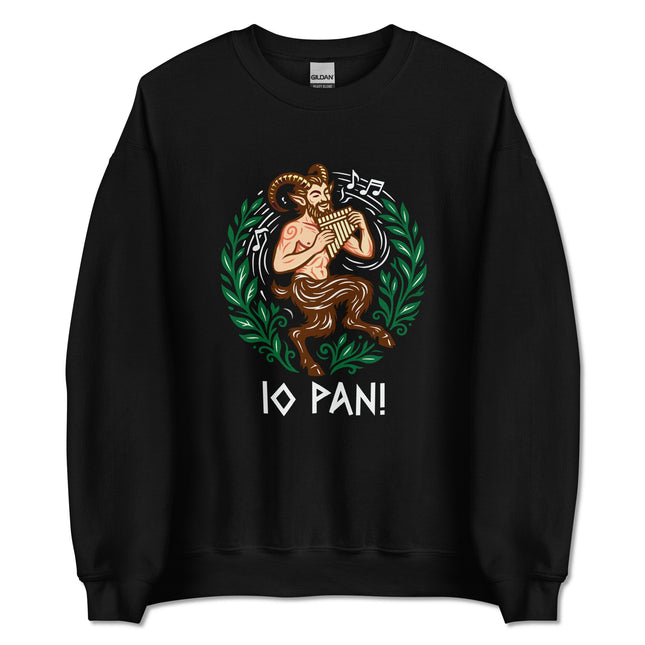 Pan Greek god graphic sweatshirt featuring mythological art and a flute motif.