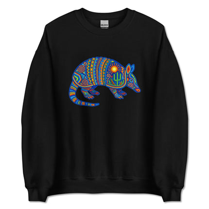Vibrant Huichol armadillo sweatshirt featuring dotted Mexican folk art pullover design.