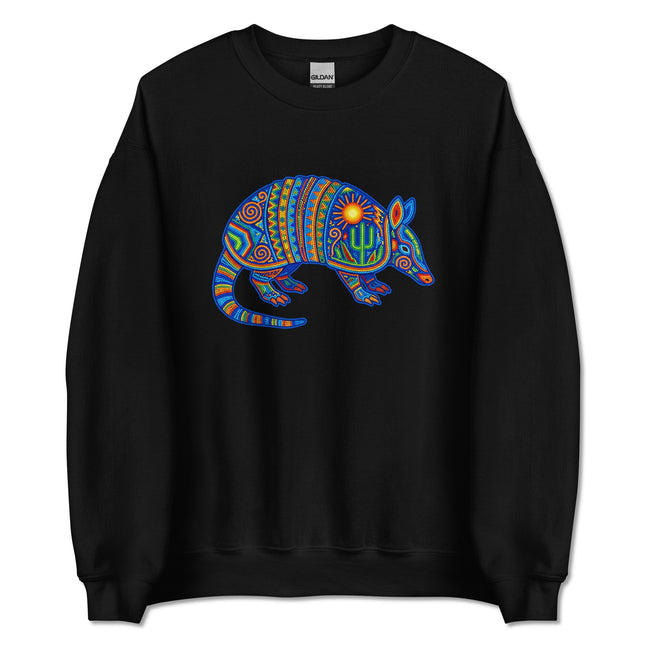 Vibrant Huichol armadillo sweatshirt featuring dotted Mexican folk art pullover design.