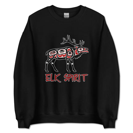 Formline art elk spirit design on an indigenous style pullover sweatshirt.
