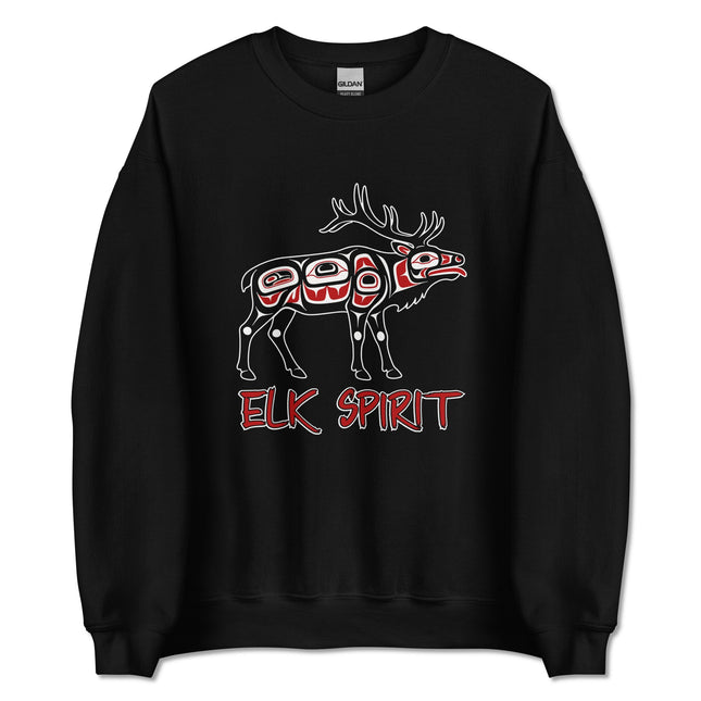 Formline art elk spirit design on an indigenous style pullover sweatshirt.