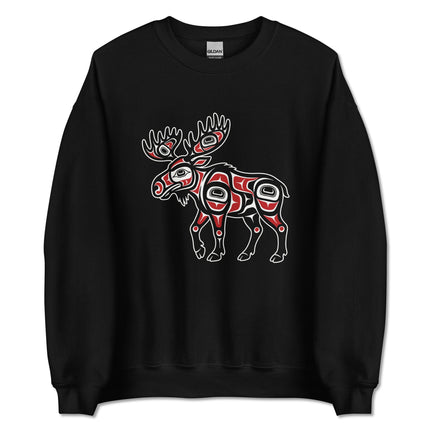 Moose Northwest Coast art pullover sweatshirt featuring indigenous animal designs.