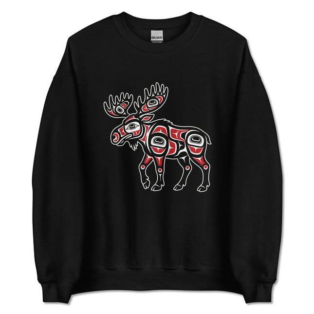 Moose Northwest Coast art pullover sweatshirt featuring indigenous animal designs.