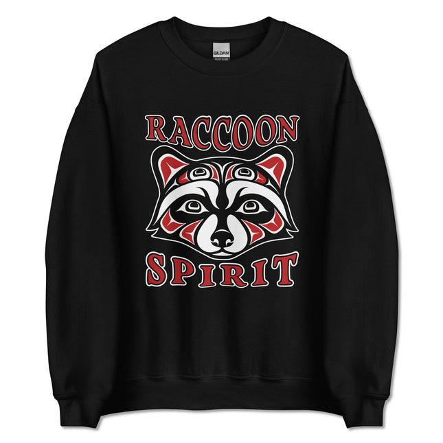 Tribal raccoon spirit artwork pullover sweatshirt featuring indigenous style animal print design.